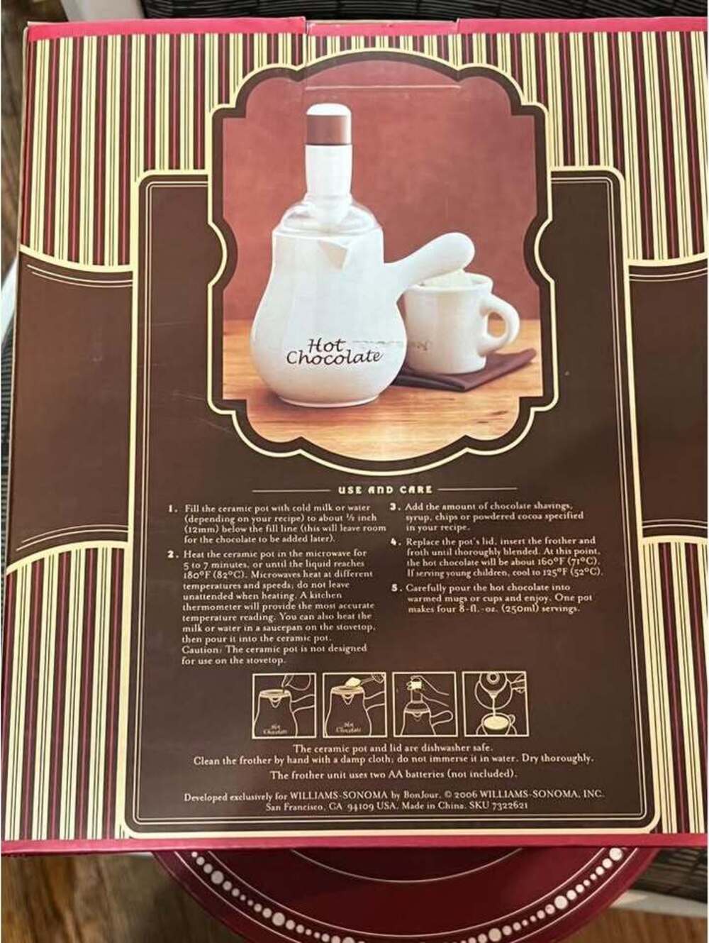 New in boxes - Williams Sonoma hot chocolate maker, 6 mugs and spoons